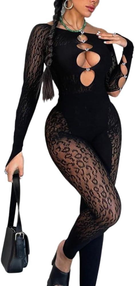 Women's Sexy Long Sleeve Bodycon Romper Hollow Jumpsuit See Through Sheer Mesh One Shoulder Party (Black) L/XL