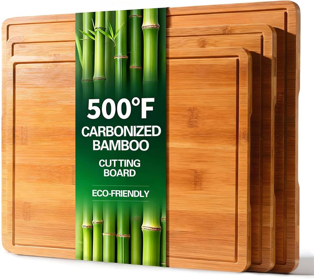 Zarler Bamboo Cutting Boards for Kitchen, Durable Wood Cutting Board with Juice Grooves and Handles, Wooden Chopping Board Set for Meal Prep, 500 Carbonized Bamboo, XL Size, Ideal Kitchen Gift