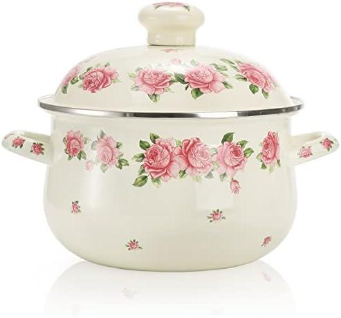 SOUJOY Enamel Stockpot with Lid, 2.8 Quart Retro Cooking Pot, Vintage Floral Stew Bean Simmer Pot with Handle, Kitchen Soup Pot, Safe for Induction Cookers, Gas Stove