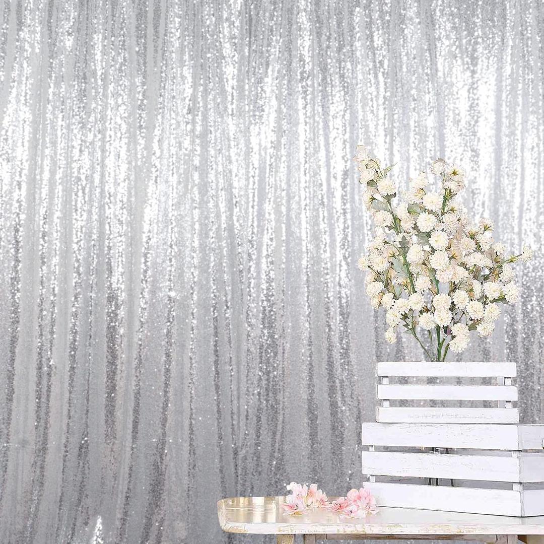 ShinyBeauty Silver Sequin Photo Backdrop 7x7ft - High-Grade Glittering Sequin Fabric Wall Backdrop for Wedding, Birthday, Baby Shower,Party Drapes(Silver) (7FTx7FT)
