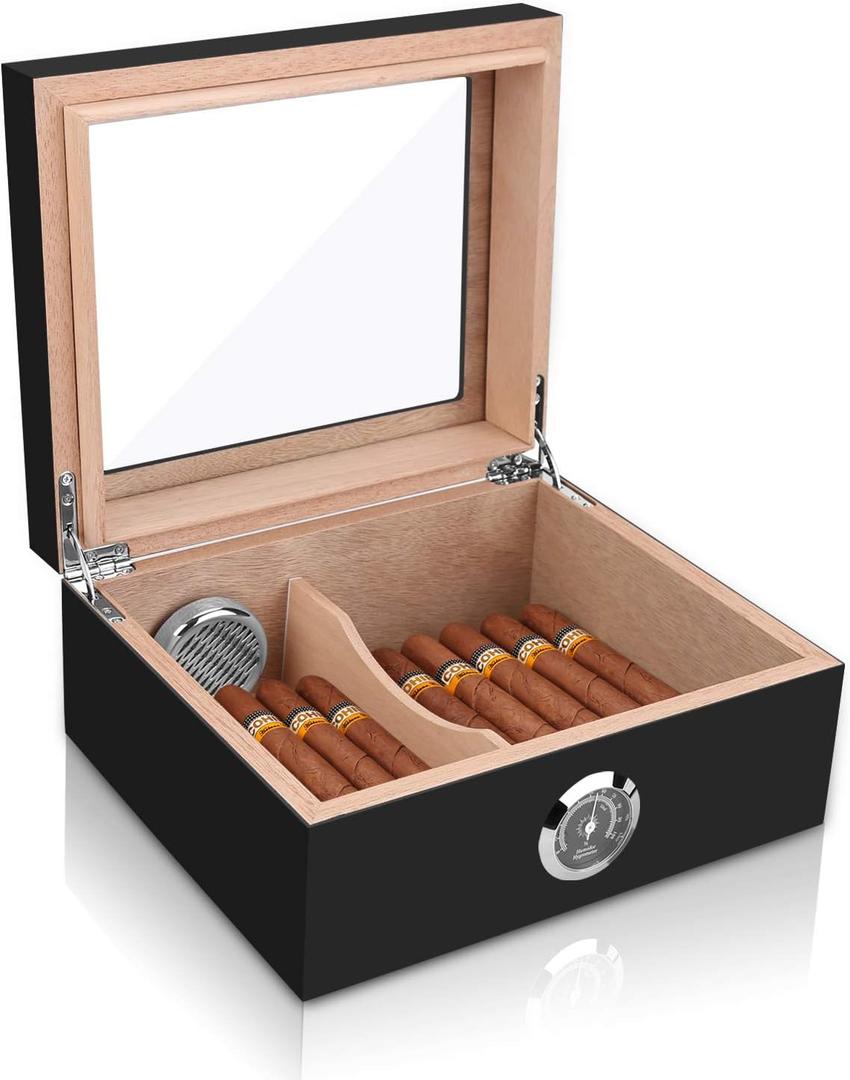 Bald Eagle Handmade Cigar Humidor, Cedar Cigar Desktop Box with Humidifier and Hygrometer, Glass Top for 25 Cigars (20-25 Cigars)