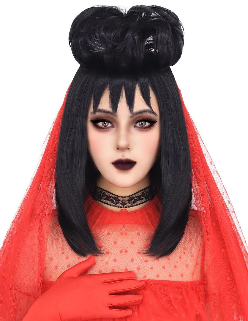 Mildiso Black Wig for Lydia Deetz Wig with Necklace Black Wigs for Lydia Deetz Costume Cute Hair Wigs for Party M114BK