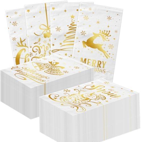Christmas Cocktail Napkins - 40pcs White and Gold Paper Napkins for Winter Holiday Bathroom Decoration