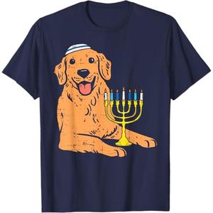 Jewish Golden Retriever Dog Hanukkah Pajamas Chanukah PJs T-Shirt, Navy Small