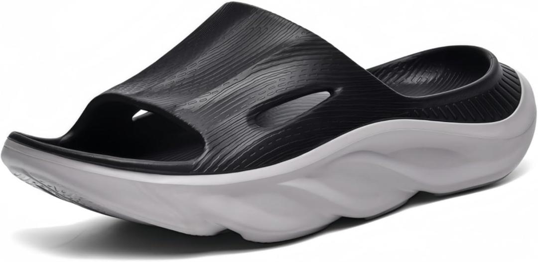 Recovery Slides for Men and Women - Orthopedic Sandals with Arch Support & Thick Cushion, Plantar Fasciitis Slippers, Lightweight Non-Slip Slides for Post-Workout Recovery (Black Gray), 14 Women/13 Men