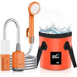 Portable Shower for Camping, Rechargeable Camping Shower Pump with 5 Gallons Collapsible Bucket & LED Light, Electric Outdoor Camp Shower Portable Shower Pump Camping Hiking (5.9 ft Hose)
