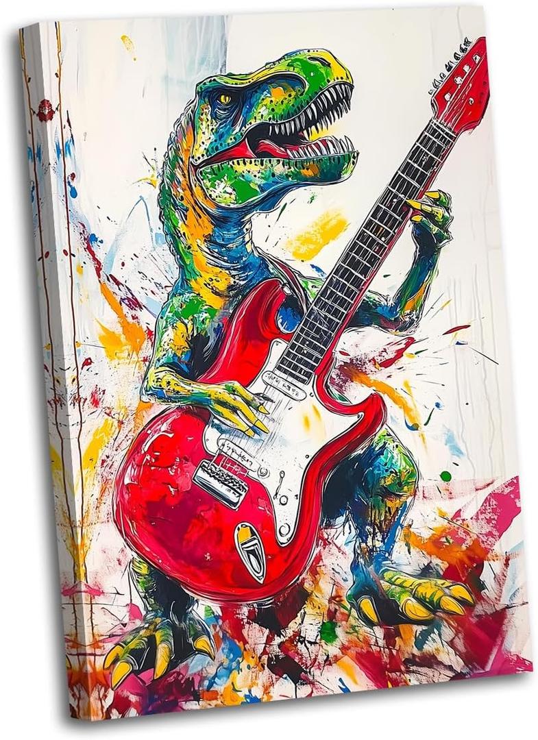 Dinosaur Canvas Wall Art Graffiti Dinosaur Pictures Colorful Prints Abstract Animals Playing Guitar Posters for Bedroom Decor(Animal-1,16L x 24W)
