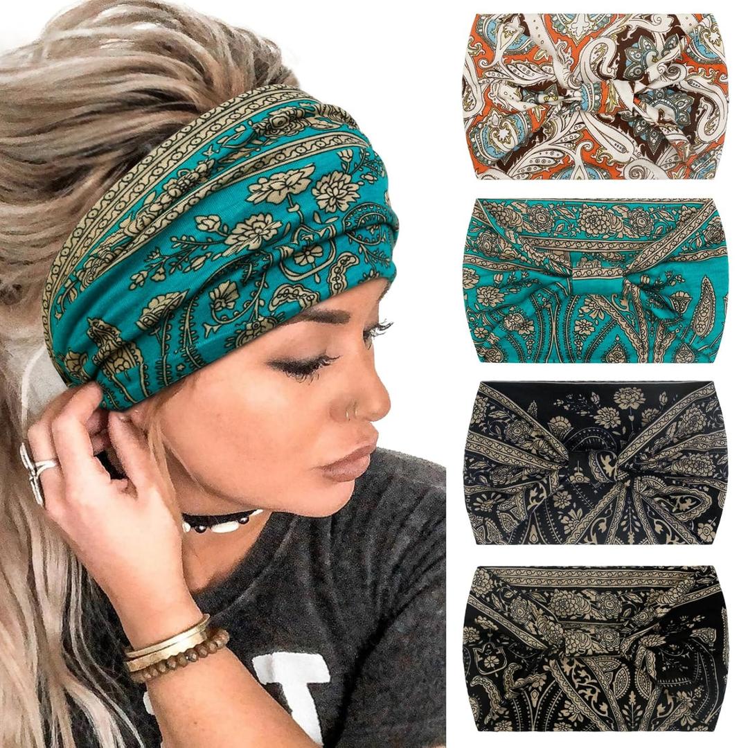 4 Packs Wide Headbands for Women Knotted Non Slip Fashion Cute Paisley Printed Head Bands for Womens Hair Large African Bandana Boho Hairbands Yoga Running Workout Thick Turban Hair Accessories