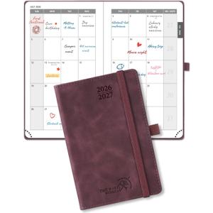 POPRUN Monthly Planner 2026-2027 (Small Size-4''x 6.25'') - 2 Year Pocket Calendar Book for Purse (Jan. 2026-Dec. 2027), Soft Leather Hardcover, 100 GSM Paper - Claret
