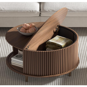 Round Coffee Table with Storage,Fluted Center Table with Sliding Cabinet Door for Living Room,Home Small Space,31.5" Small Center Table,Walnut