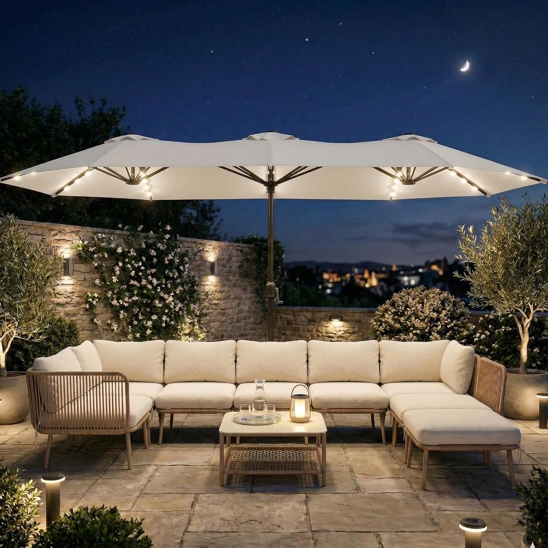 15FT Large Outdoor Patio Umbrella with Solar Lights and Base, Double-Sided Table Umbrellas with 48 LED Lights, Rectangle Market Umbrella for Pool, Deck, Backyard