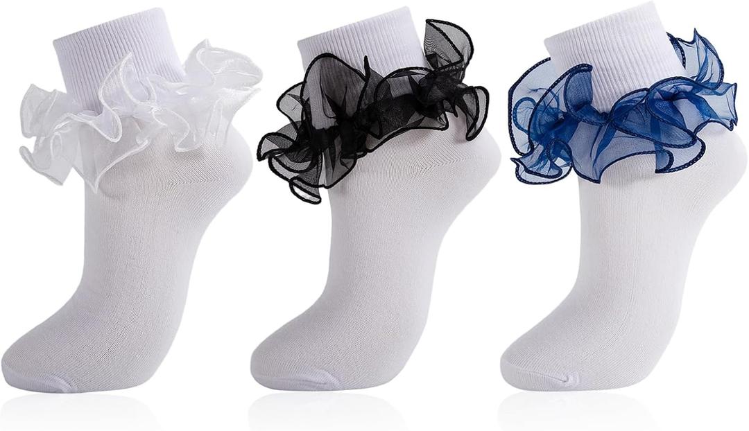 Women Ruffle Socks Lace Frilly Cotton Crew Socks Non-Slip Dress Socks Fold Cuff for Bride Pageant Sock For Women