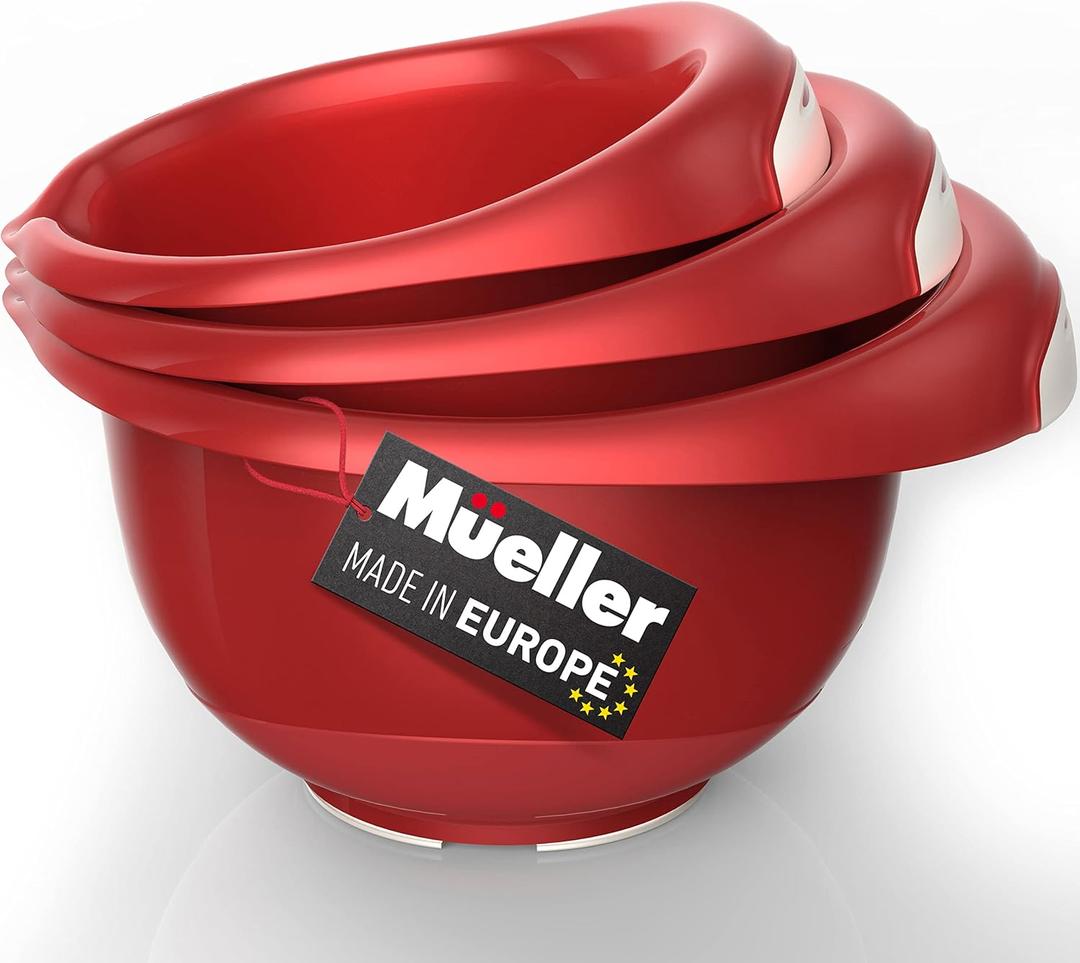 Mueller Mixing Bowls Set of 3, Baking Bowl Set with Non-slip Bottom, Ergonomic Handles, Pour Spout, Space Saving Nesting Bowls, for Cooking, Food Prep, Baking, Red