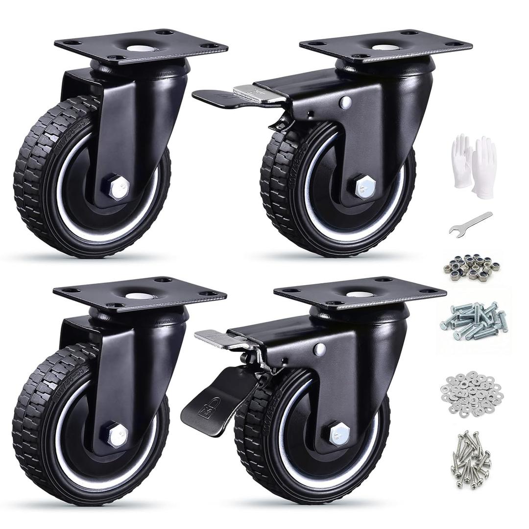 4 Inch Caster Wheels Set of 4 Heavy Duty - Total Enclosure Dust Cover & Dual Locking - Silent Industrial Rubber Swivel Casters for Workbench, Tool Box & Cart (Hardware Included)