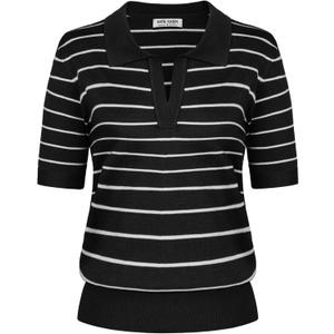 Kate Kasin Women Short Sleeve Striped Polo Sweater Tops Lightweight Summer V Neck Soft Knit Pullover Shirt, Black/White, L