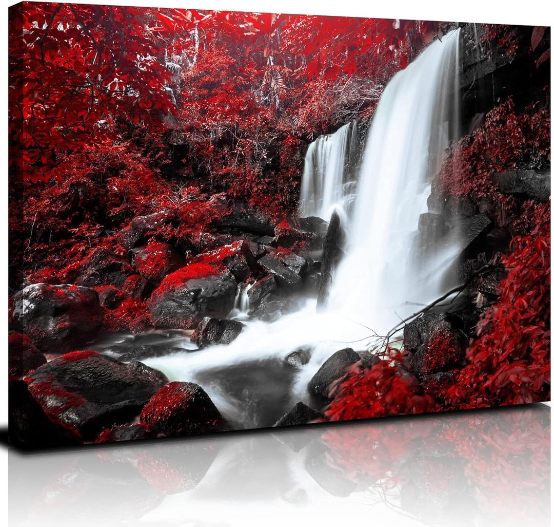 Nature Forest Wall Art Mountain Waterfall Landscape Picture for Bathroom Decor Red and Black Canvas Painting Red Tree Waterfall Poster Modern Scenic Artwork Living Room Bedroom Home Decorations 20x30" (30L" x 20W")