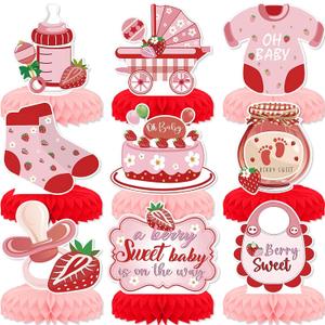 Strawberry Baby Shower Party Decorations - 9 PCS Honeycomb Centerpieces for Tables, 3D Theme Birthday Party Decor Supplies for Boys Girls
