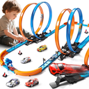 LILYBUDS Toy Car Track Gift Set for Boys Kids Age 3-5 4-7 8-12, Long Race Tracks with 4 Action Loops and 4 High-Speed Slot Die-Cast Race Cars, 35+ Pieces Race Tracks to Create Multiple Configurations