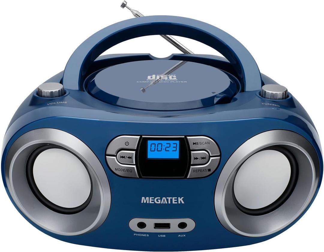MEGATEK Portable CD Player Boombox with FM Radio, Bluetooth, USB Port, AUX Input, and Headphone Jack CD-R/CD-RW/MP3-CD Compatible, Clear Stereo Sound, Backlit LCD Display Blue Jay