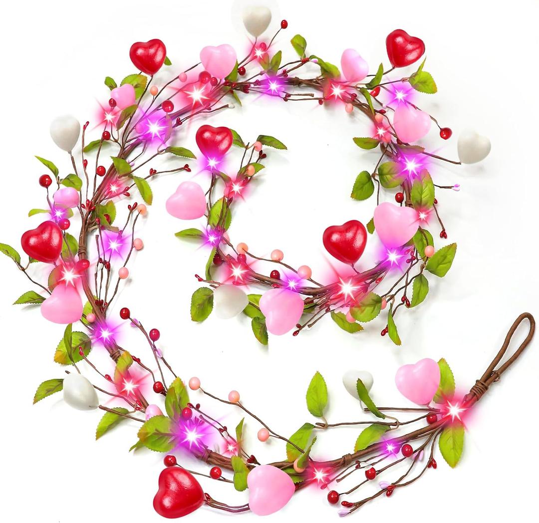 Timer - Lighted Valentines Garland Valentines Day Decorations, 6 Ft Valentines Day Garland with 20 Red Pink Lights Hearts Berries Leaves Artificial Garlands Mantle Table Home Wedding Valentine Decor