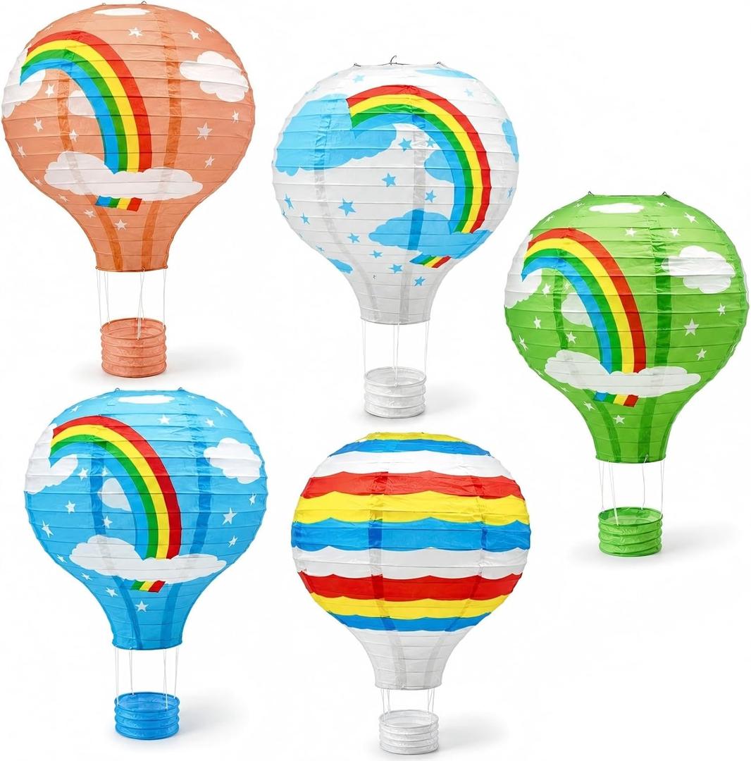 12 Inch Hot Air Balloon Paper Lanterns, Rainbow Assorted Colors Hanging Decorations for Kids Birthday Party, Neutral Baby Shower, Nursery Room, Classroom Ceiling Decor & Boho Wedding, 5 Pcs