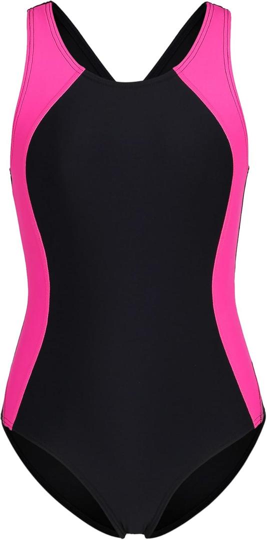 beautyin Girls One Piece Swimsuits Size 7-16 Athletic Racerback Bathing Suit (9-10 Years, Black/Rose)