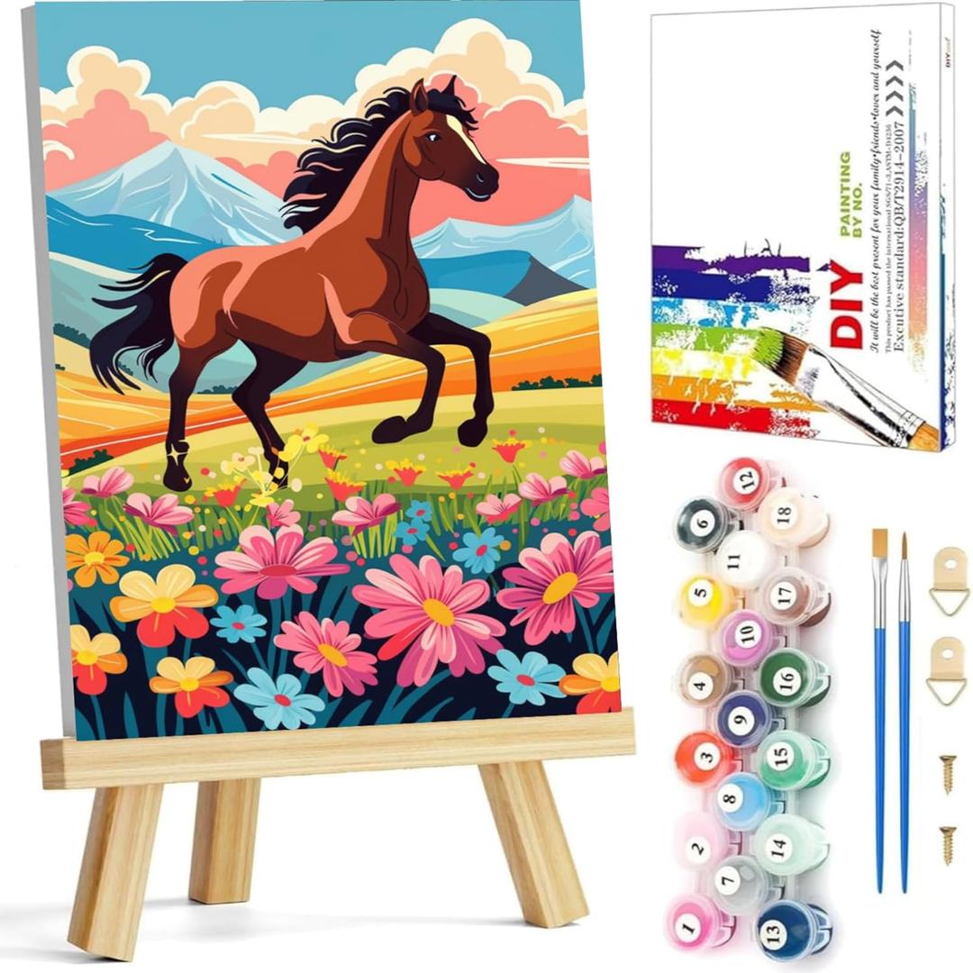 Arttoplus Paint by Numbers Kit for Kids with Frame, Horse Paint by Numbers for Kids Ages 8-12 with Wooden Easel,Easy DIY Animal Acrylic Oil Painting by Number Kid for Gift Home Wall Decor(8x12 inch) (BKH1915)