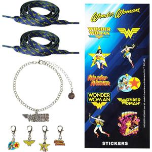 LUV HER Wonder Woman Shoelace & Sticker Gift Set for Kids Includes 2 Shoelaces, 10 Die-Cut Stickers and 4 Character Charms Officially Licensed (Blue)
