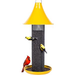 Kingsyard Thistle Bird Feeder for Outdoors Hanging, All Metal, Finch Mesh Tube Feeder with Weatherproof Roof & Seed Tray, 3 lbs Seed Capacity, Great for Attracting Wild Bird, Yellow