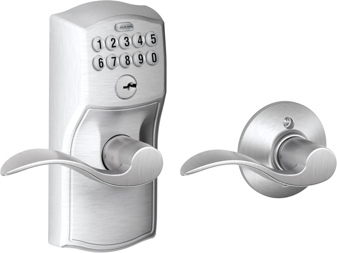 Schlage Camelot Keypad Lock with Lever Handle, Electronic Keyless Door Entry, AutoLock Enabled, Satin Chrome, FE575 CAM 626 ACC
