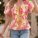 Cicy Bell Summer Babydoll Peplum Tops V Neck Puff Sleeve Bow Floral Shirts (L)