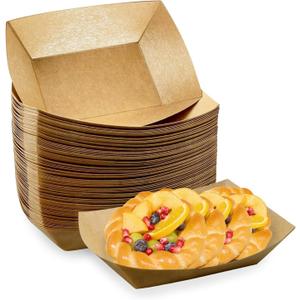 Oomcu 100 Pack 3 lb Heavy Duty Paper Food Trays - Disposable Kraft Brown Paper Boats for Party Snacks, Nachos, Hot Dogs, Tacos & BBQ