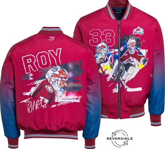 FE NHL Officially Licensed Patrick Roy Reversible Bomber Jacket Blue, L