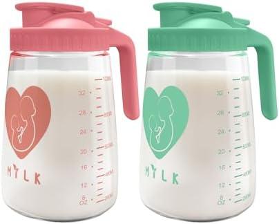 Mason Jar Pitcher, 32 oz Glass Milk Pitcher, Wide Mouth & Leakproof Glass Pitcher with Lid for milk, Sun Tea, Juice, Cold Brew Coffee and Drinks