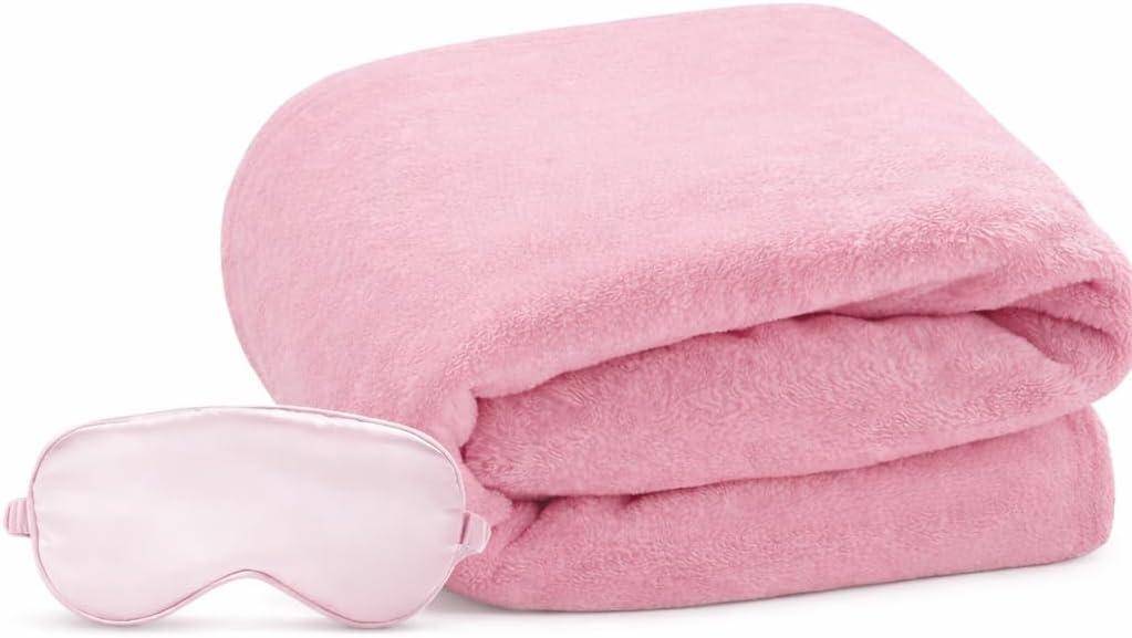 Travel Blanket, Airplane Blanket, Ultra-Soft, Warm & Lightweight, 65x40 in, Outdoor Blanket Essentials for Women, Men & Kids, Included Eye Mask, Luggage Sleeve & Backpack Clip, Pink