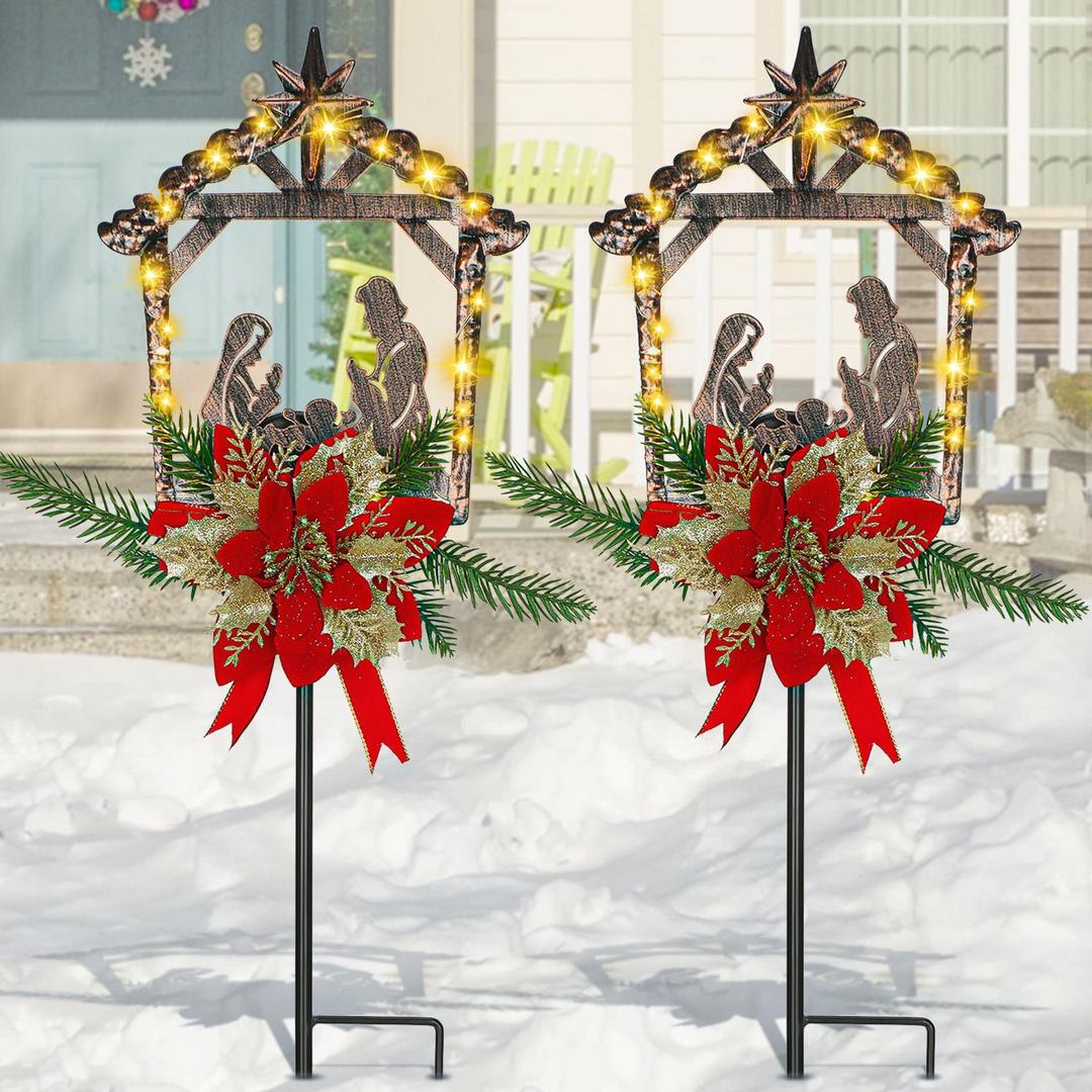 2 Pcs Nativity Scene Outdoor Yard Stakes Metal Christmas Light Decorations LED Christmas Decorations Nativity Scene Outdoor Solar Outdoor Lighted Nativity Scene for Pathway Garden Lawn (Classic)
