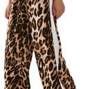 Women's Casual Pants Drawstring Leopard Print Color Block Side Striped Straight Leg Wide Leg Loose Pants (Large, 2-yellow White)