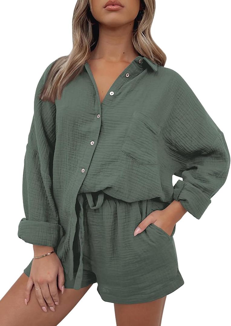 AUTOMET 2 Piece Sets For Women Lounge Wear Matching Two Piece Pajama Fashion Oversized Shirts And Shorts Spring Outfit 2026 (Green, S)