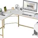 Teraves Reversible L Shaped Desk White - 57.9" Corner Gaming Computer Desk, Office Workstation Modern Home Study Writing Wooden Table (Small, White + Gold Frame)