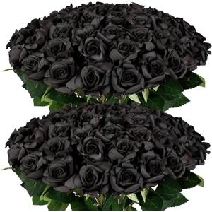 FOTEEWL 60 Pcs Artificial Rose Flower Realistic Faux Silk Roses Stem Fake Roses Bouquet for Flower Arrangement, Wedding Centerpieces, Party, Home Decor, Halloween Decorations (Black)