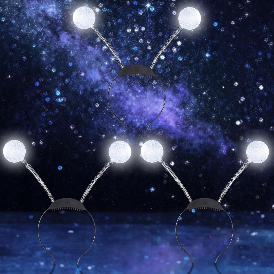 JOYIN 3 Pack LED Silver Martian Antenna Headband, Light UP Alien Headbands Head Bopper Balls, Glowing Martian Headpiece Set, Alien Headwear, Halloween Costume Accessories Party Favor