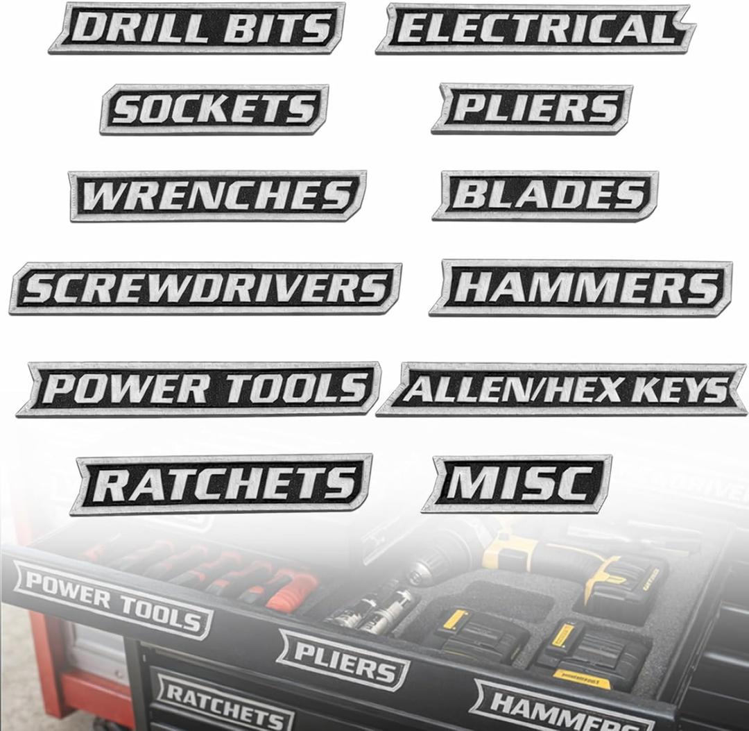 Magnetic Tool Box Labels, Tool Box Labels, 3D Printed Plastic Tool Labels, Suitable for Toolbox Surfaces, Lightweight and Reusable, 12 PCS (Black)