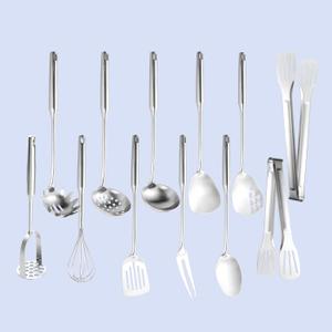 Stainless Steel Kitchen Utensils 12 Pcs, Small Cooking Utensils Set,Spatulas,Ladle,Skimmer,Tunners,Serving Spoon,Spaghetti Spoon,Fork,Potato Masher,Egg Whisk,Tongs,Dishwasher Safe