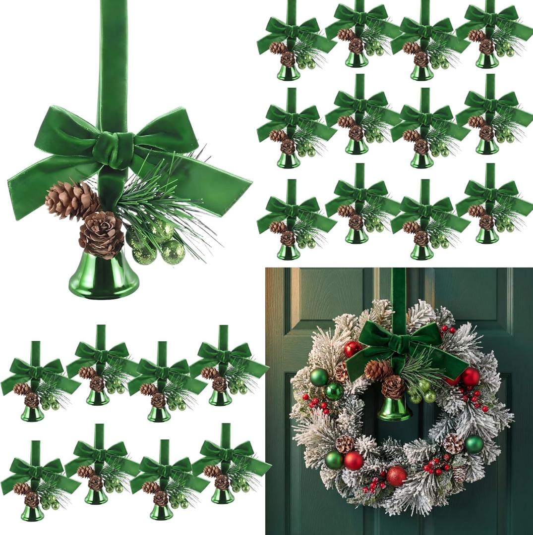 24 Pcs Hanging Christmas Bells for Wreaths Decoration Jingle Bells with Bow and Pinecone Ornaments for Christmas Tree Home Xmas Door Wreath Gifts Holiday Party Decoration(Green)