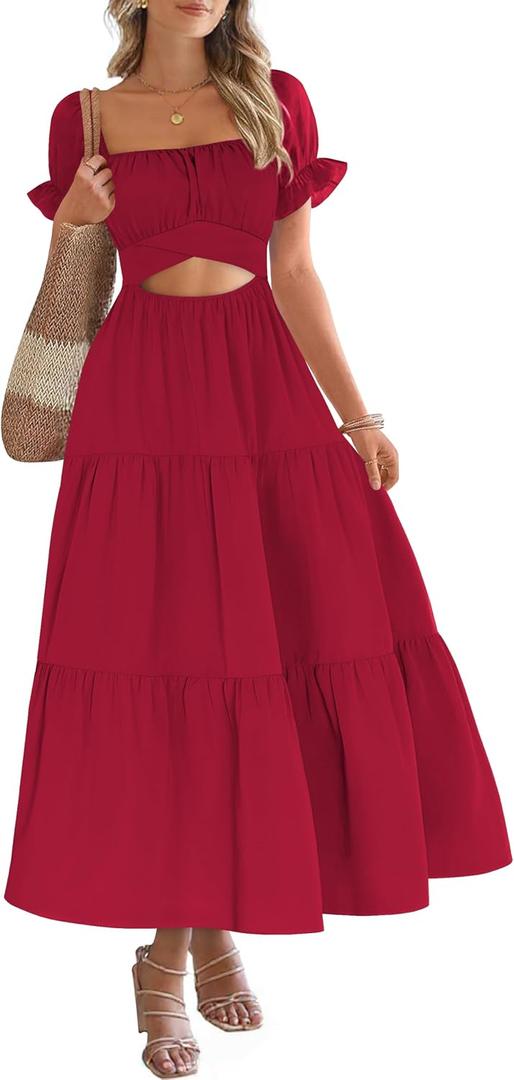 Womens Summer Dresses 2026 Red Short Sleeve Square Neck Ruffle Tiered Cutout A Line Flowy Elegant Trendy Brunch Long Beach Vacation Maxi Dress M