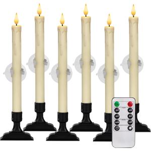 Homemory 6 Pcs Window Candles with Remote Timer Dimmer, Christmas Candles for Window Battery Operated, Ivory Flameless Taper Candle with Holders and Suctions, LED Candlesticks for Xmas Holiday Decor, Ivory Candles