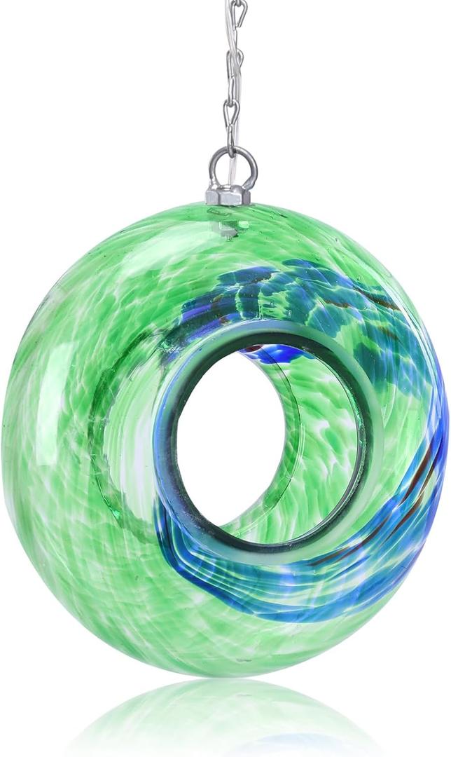 Yinns Glass Bird Feeders, Hanging Fly Through Birds Feeder for Outsiade, Solar Birdfeeder for Garden Decor Bird Lvoers Gifts, 8-InchGreen