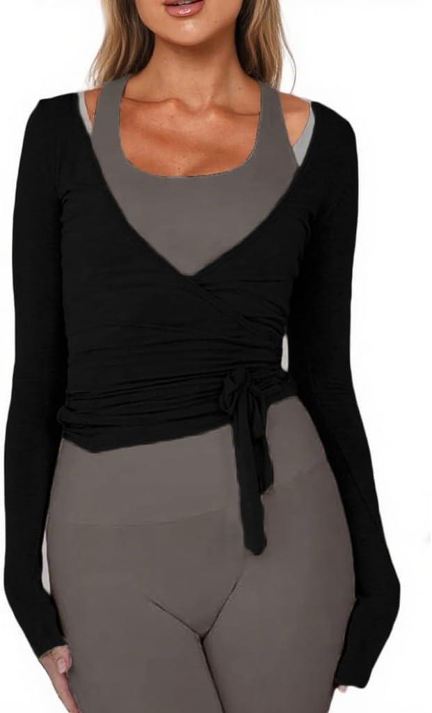 Women Ballet Wrap Top Long Sleeve Self Tie Dance Shirt Pilates Yoga Tops Y2k Workout Active Blouses (Small, Black)