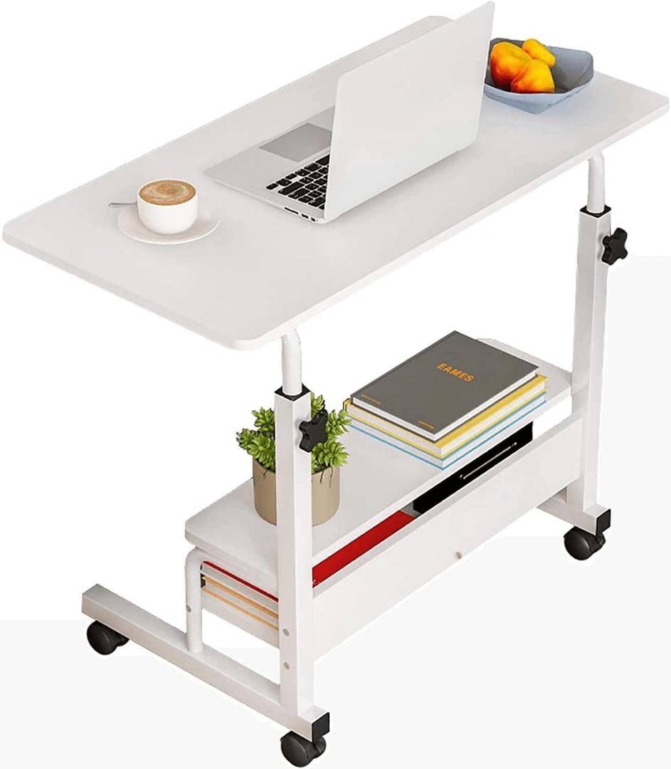 Adjustable Height Mobile Computer Desk for Small Space Rolling Writing with Wheels Corner Home Office Study Portable Bedrooms Work Size 31.5 Inch Storage Gaming Table, White D