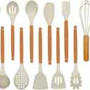 Kitchen Utensils Set - 12 Pcs Silicone Cooking Utensils Set with Wooden Handle - Heat Resistant Non-Stick BPA Free Spatula Set,Turner, Spoon, Brush, Silicone Kitchen Gadgets Utensil Set (Khaki)